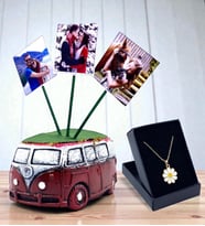 Kişiye Özel Hediye Seti Tasarım Kolyeli ve 3 Fotoğraflı Vosvos Saksı Hediye Seti (Model 5)