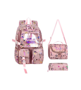 Kawaii Kore Tarzı Twil Kumaş Desenli Sırt Çantası,Beslenme Çantası Ve Kalemlikli Üçlü Set