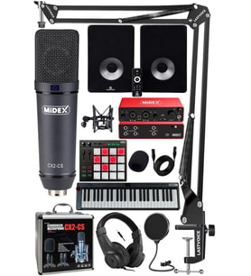 Midex İmpressive Paket-6 Stüdyo Ekipmanları Seti (Monitör Mikrofon Ses Kartı Kulaklık Midi Klavye Pad Controller)