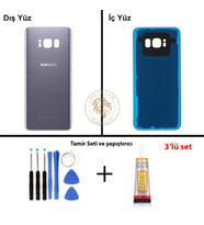 Samsung Galaxy S8 Gri Renk Arka Kapak + Tamir Seti + B7000 Yapıştırıcı Arka Cam Batarya Kapağı Pil Kapağı Lazer Kesim Back Cover Galaxy S8 Uyumlu