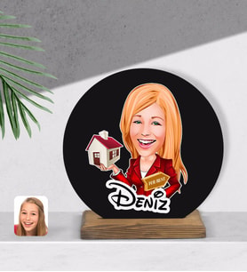 BK Gift Kişiye Özel Kadın Emlakçı Karikatürlü Yuvarlak Ahşap Biblo-2