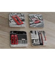 Londra Kırmızı Telefon Kulübeleri ve Otobüs Doğal Taş Bardak Altlığı 4'lü set - Natural Stone Coasters