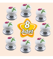 8 Adet Pembe Gül Desenli Beyaz Polimer Düğme Kulp Krom Tablalı Mobilya Mutfak Dolabı Çekmece Kulbu Kulpları