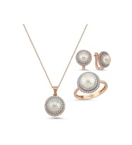Doğal İnci Taşlı Küpe Kolye Yüzük Üçlü Set (Rose)