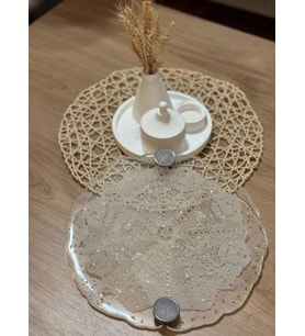 Epoksi Reçine Nişan Tepsisi - Dantel ve İncili - Çap: 30 cm (Çok Renkli)