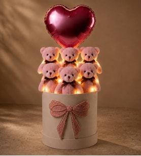 Led Işıklı Peluş Ayıcık Buketi 6'lı Pembe Peluş Ayıcık Kalpli Balonlu İnci Fiyonklu Hediye Kutusu Doğum Günü Hediyesi