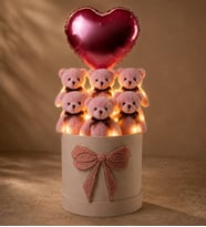 Led Işıklı Peluş Ayıcık Buketi 6'lı Pembe Peluş Ayıcık Kalpli Balonlu İnci Fiyonklu Hediye Kutusu Doğum Günü Hediyesi