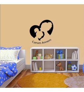 Canım Annem Yazılı Anne ve Kız Çocuğu Silüeti Dekoratif Duvar Sticker, Çıkartma