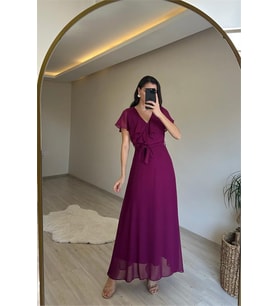 Neşeli butik kadın v yaka kuşaklı maxi şifon elbise NM008 (Mürdüm)
