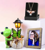 Fotoğraflı Kurbağa Tasarımlı Masa Lambası ve Renkli Zümrüdü Anka Kuşu Kolye Hediye Seti