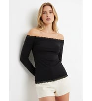 Kadın Kayık Yaka Asimetrik Büzgülü Dantel Detay Slim Fit Penye Bluz 13015 (Siyah)