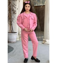 Kız Çocuk Kolsuz Penye Gömlek Cep Detaylı Blazer Ceket Kemerli Pantolon Pembe Al