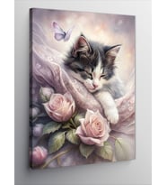 Kanvas Tablo Pembe Güller Ve Kedi