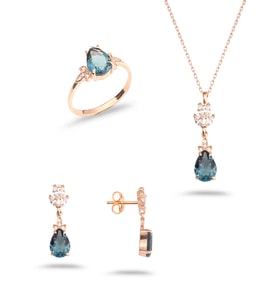 925 Ayar Gümüş Lotus Motifli Aquamarine Taşlı Set