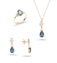 925 Ayar Gümüş Lotus Motifli Aquamarine Taşlı Set