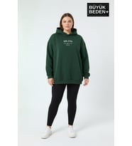 Kadın Büyük Beden Kapşonlu Rahat Kalıp Hoodie – Milano Italia Baskılı Sweatshırt SPR26BSWK967 (Yeşil)