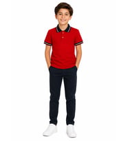 Çocuk Pamuklu Yumuşak Dokulu Lacivert Polo Yaka Kırmızı Okul Tshirt