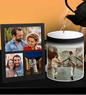 Kişiye Özel Premium Resimli Sihirli Kupa Ve Fotoğraflı Dört Resimli Kolaj Masaüstü Fotoğraf Siyah Çerçeve