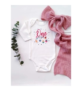 Pembe Onederful 1 Yaş Doğum Günü Uzun Kol Organik Baskı Bebek Body