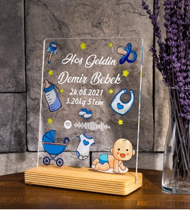 Hoş geldin Bebek Doğum Hediyesi, İsimli Yeni Doğan Hediyesi Kişiye Özel Çerçeve, İsimli Spotify Kodlu Hediye (Dikey) (Mavi)