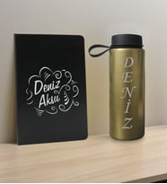 BK Gift Kişiye Özel İsimli Siyah Defter ve Gold Cam Matara Hediye Seti-4, Sevgiliye Hediye, Arkadaşa Hediye, Yeni İş Hediyesi