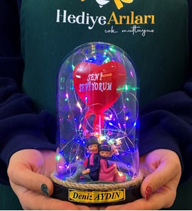 Size Özel İsimli  Kalpli ve Sırt Sırta Çift Biblolu Büyük Boy Fanus  RENKLİ Led Işıklı