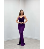 Krep Kumaş Degaje Yaka Elbise - PATLICAN MOR (Patlıcan Moru)