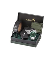 Polo Air Klasik Erkek Kol Saati Kemer Cüzdan Kartlık Parfüm Kombin Set Gümüş Yeşil Renk PL-7091E4