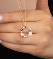 925 Ayar Gümüş Gold Sedefli Güllü İncili Kolye