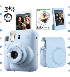 Instax mini 12 Mavi Fotoğraf Makinesi-10'lu Film-Çerçeve ve Deri Kılıf Seti