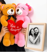 "Seni Seviyorum" Peluş Ayıcık Çifti ve Kişiye Özel Karakalem Fotoğraflı Ahşap Çerçeve Hediye Seti