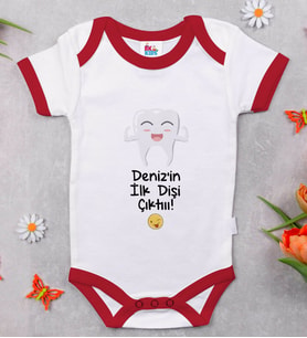 BK Kids Kişiye Özel İlk Diş Tasarımlı Kırmızı Bebek Body Zıbın-1