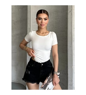 Kadın Kayık Yaka Ekru Kısa Kollu Bluz