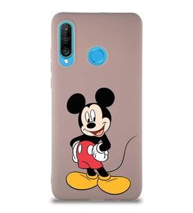 Huawei P30 Lite Soft Premier Kapak Mickey Mouse-E Tasarımlı Silikon Kılıf - Pudra (Şeffaf)