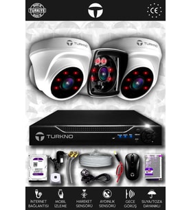 TURKNO 3 Kameralı Karia 2 İç Kamera Set 500 GB HDD Full HD Gece Görüşlü Güvenlik Kamerası Sistemi