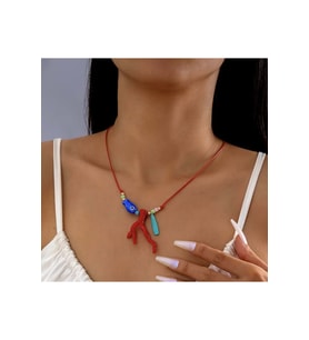 BONCUKLU, İPLİ BOHO TARZI MERCAN KOLYE ACR5826 (Kırmızı)