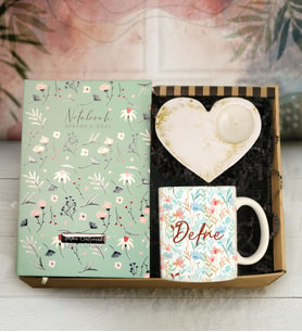 Kişiye Özel Desenli Defter & Baskılı Kupa & Dekoratif Kalp Mumluk Hediye Seti