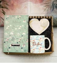 Kişiye Özel Desenli Defter & Baskılı Kupa & Dekoratif Kalp Mumluk Hediye Seti