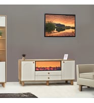 Lidya Şömineli Konsol 2 Kapaklı 2 Çekmeceli Atlantik Çam Krem Alev Efektli 160x80x44 Cm