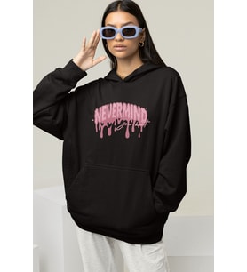 Unisex Oversize Hoodie Sweatshirt – Pembe Baskılı Kapüşonlu (Siyah)