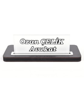 Klas Masa İsimlik Cam Baskı Seçenekli Kartvizit Bölmeli Şık Ofis Dekoru Masa İsimlik (Saks-Siyah)