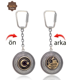 Yakut Taşlı Ayyıldız ve Mardin Hatırası Çift Taraflı Oksitli Gümüş Telkari Anahtarlık 201025171