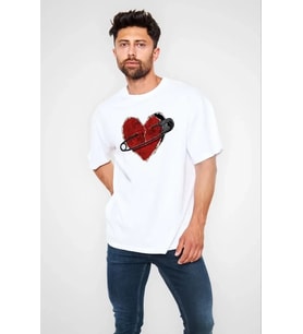 pilelistore- Unisex Bisiklet Yaka Baskılı Oversize T-Shirt - Beyaz