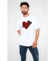 pilelistore- Unisex Bisiklet Yaka Baskılı Oversize T-Shirt - Beyaz