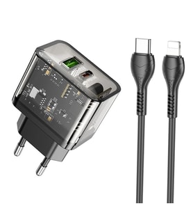HOCO N34 PD20W USB+Type-C + iPhone Lightning Kablo Hızlı Şarj Adaptör Seti-(5775 - GLST9982-470 (Siyah)