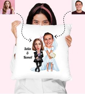 Karikatürlü Gelin ve Damat Özel Kişiye Özel Yastık