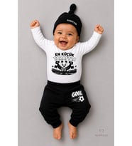 %100 Pamuk Siyah Beyaz En Küçük Taraftar 3'lü Yenidoğan Bebek Takımı Uzun Kollu Body Pantolon Şapka Seti Unisex 0-9 Ay