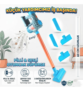 Oyuncak Süpürge Pili Sesli 3 Başlıklı 60 Cm Süpürge