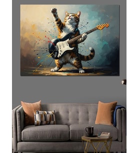 Gitar Çalan Rockçı Kedi Karakteri Dekoratif Kanvas - Mdf Ahşap Tablo