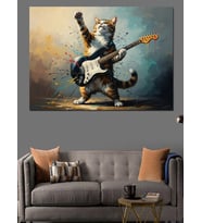Gitar Çalan Rockçı Kedi Karakteri Dekoratif Kanvas - Mdf Ahşap Tablo
